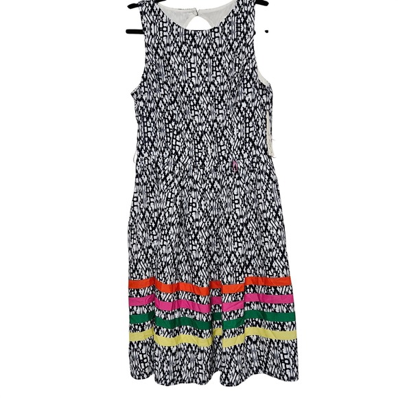 Eliza J Dresses & Skirts - Eliza J Black White Abstract Midi Dress Colorful Stripe Hem Size 8 NWT
